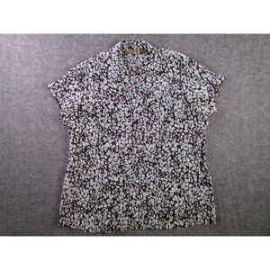 Notations Blouse Womens 1X Black Teal White Floral Short Sleeve Button Flowy